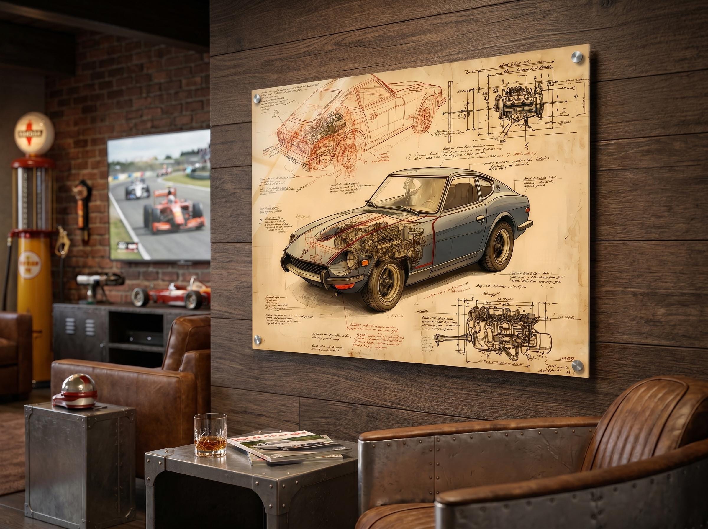 絵画　インテリア Datsun 240Z Blueprint Wall Art | Classic JDM Car Cutaway Poster