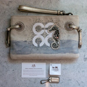 Coach Audrey Seahorse Canvas Wristlet Large Natural, Silver Like New, Excellent Condition image 3