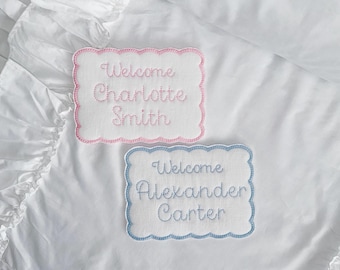 Letrero de bienvenida para recién nacidos, pancarta de hospital para bebés, placa de bienvenida para bebés, cuna de hospital para bebés bordada personalizada, etiqueta para tarjeta con nombre