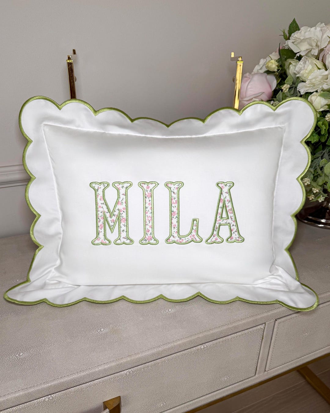Personalized Floral Applique Name Pillow Scalloped Edge Nursery Decor ...
