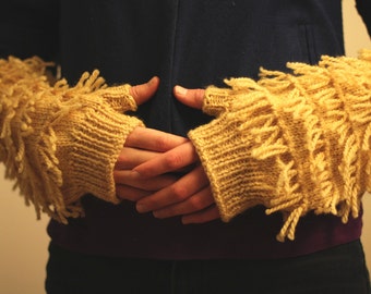 Down Arm Warmers knitting pattern fringe