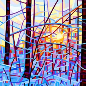 Fine Art Poster Print of an Original Abstract Acrylic Painting - winter morning forest dawn snow blue orange light - Sunrise