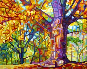 colorful walk in the forest, autumn, fall, orange, purple, Signed Fine Art Giclee Print from my Original Painting - One Fine Day