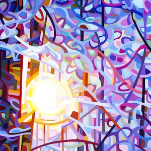 Early Riser Fine Art Poster Print of an Original Abstract Acrylic Painting winter morning sunrise through the trees image 1