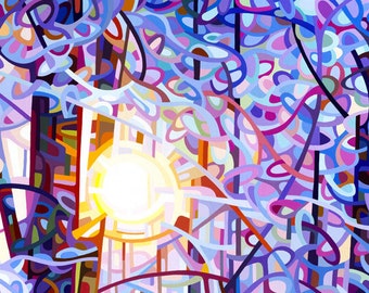 Early Riser - Fine Art Poster Print of an Original Abstract Acrylic Painting winter morning sunrise through the trees