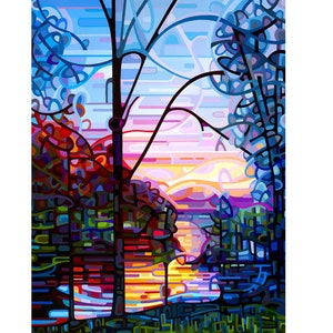 cottage lake sunrise sky, morning pink blue tree silhouette, Signed Fine Art Giclee Print from my Original Painting Awakening image 2