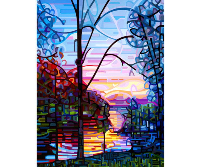 cottage lake sunrise sky, morning pink blue tree silhouette, Signed Fine Art Giclee Print from my Original Painting Awakening image 2