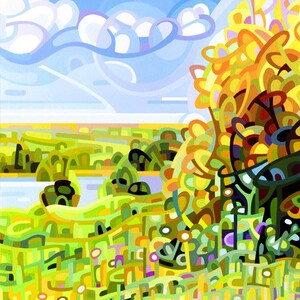 colorful fall day field and stream yellow and gold blue sky, Signed Fine Art Giclee Print from my Original Painting Almost Autumn image 1