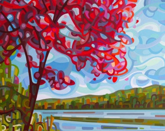 red maple against a blue lake cottage country fall day- Signed Fine Art Giclee Print from my Original Painting - Lady in Red