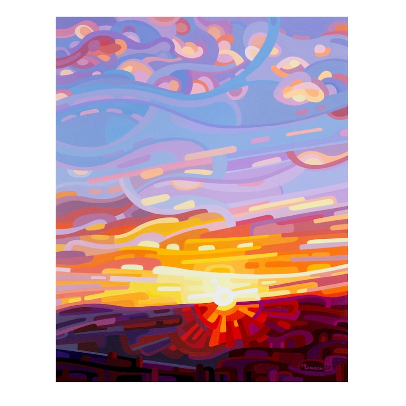 Firefall fine art reproduction print of a sunset sky in blues, purples, oranges and reds. image 1