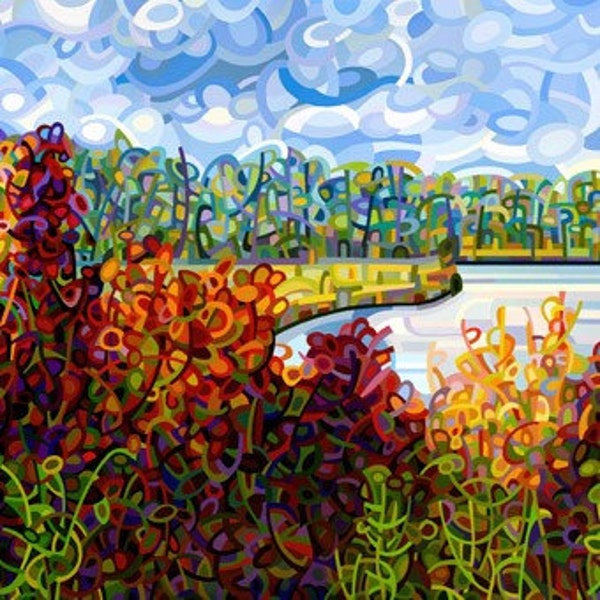 Abstract Landscape Print Fall Sunny Day Across the Lake