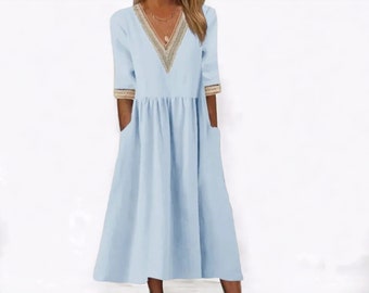 Baumwolle Leinen Oversize Damen Langes Kleid | Weiß V-Ausschnitt Spitze Lockere A-Linie Kleider | Lässige Trendige Damen Kleidung | Baumwoll Kleid