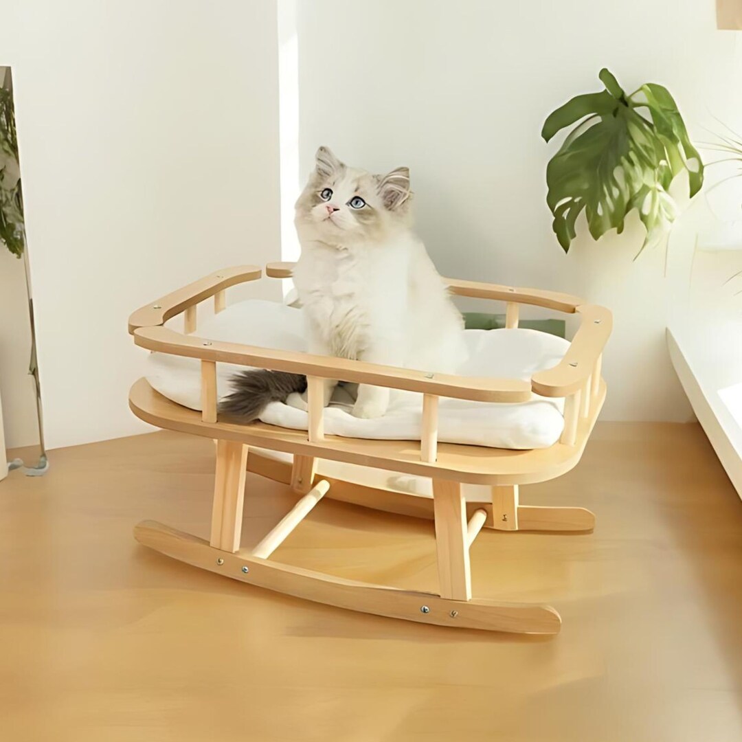 Pet Rocker Bed Wooden Cat Bed, Rocking Bed, Wood Cat Furniture, Cute Pet Cot, Pet ...