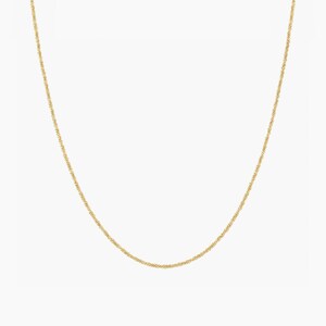 May include: A delicate gold chain necklace with a fine, twisted design.