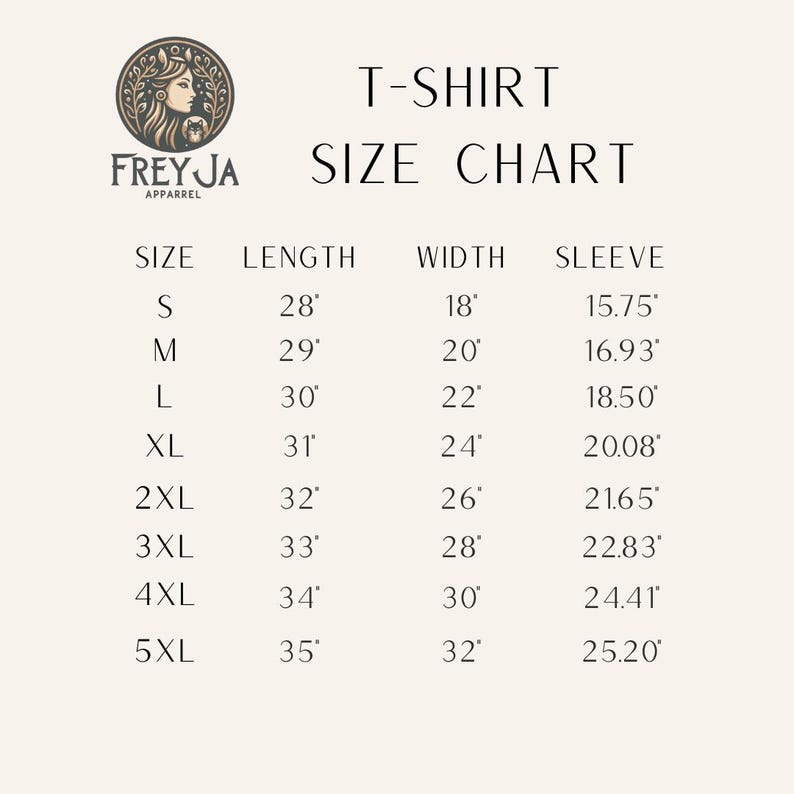 Op de afbeelding: T-shirt maattabel met metingen in inches voor maten S tot en met 5XL. De tabel toont de lengte, breedte en mouwlengte.
