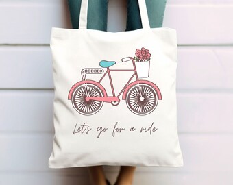 Bike Lover Canvas Tote, Basket on Bike With Flowers, Pink