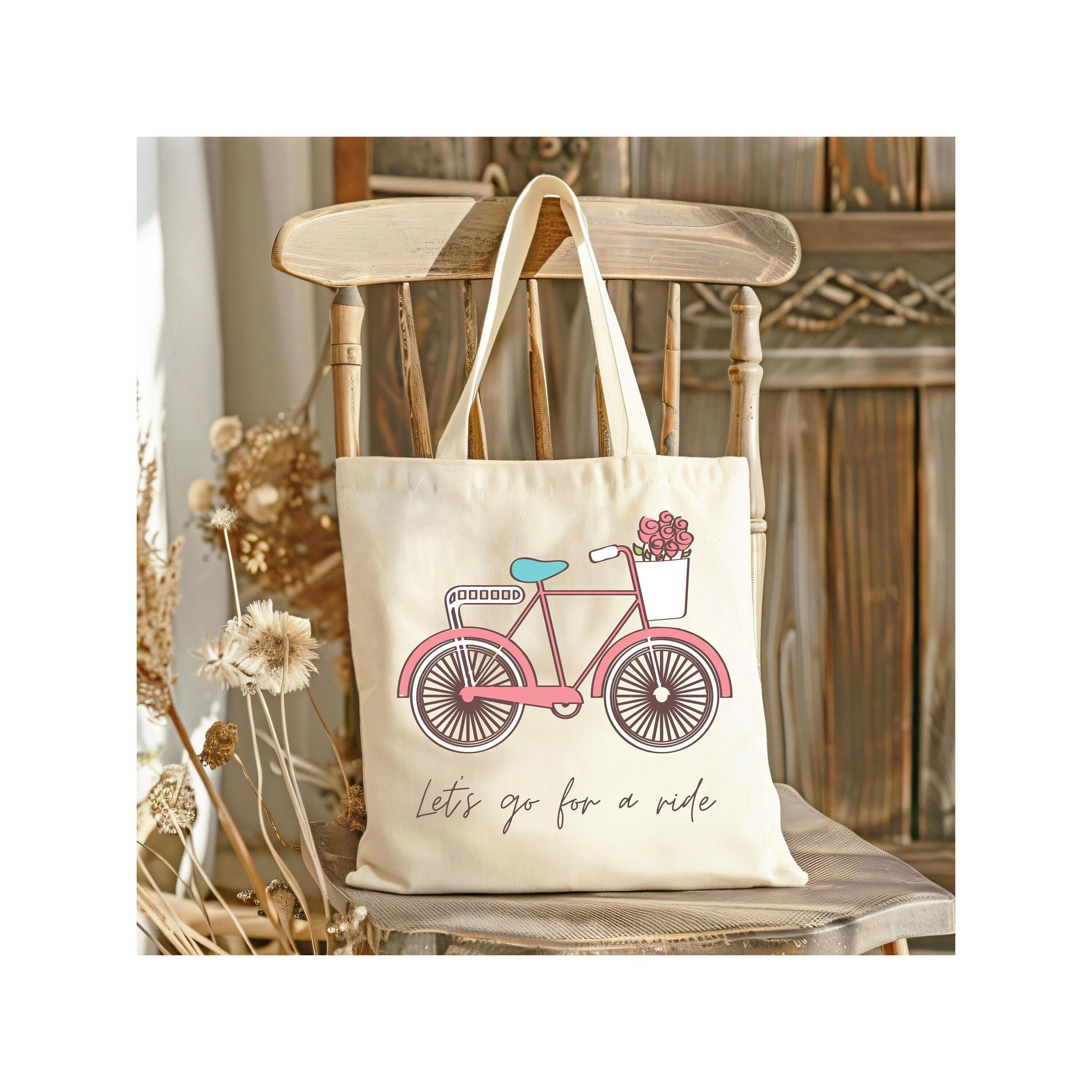 Bike Lover Canvas Tote, Basket on Bike With Flowers, Pink