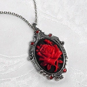 Black Red Gothic ROSE CAMEO NECKLACE Victorian Pendant Antique Silver Filigree