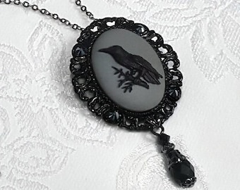 Black GOTHIC RAVEN CAMEO Necklace Brooch Pin Crow Crystal Victorian Pendant Gunmetal