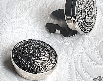 Victorian Style CUFF BUTTON COVERS Set Silver Crown Mens Mandarin Shirt Collar