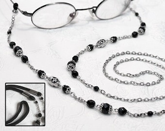 Gothic Punk Black Silver SKULL EYEGLASS CHAIN Reading Glasses Holder Crystal Beaded