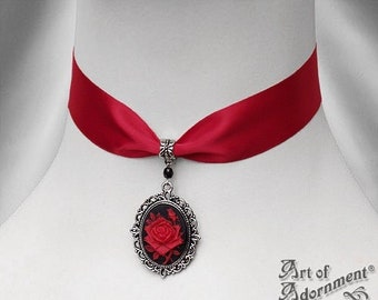 Black Red Gothic ROSE CAMEO CHOKER Satin Necklace Antique Silver Victorian