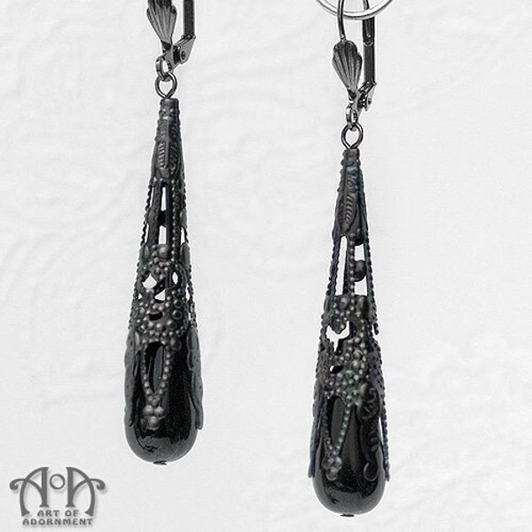 Gothic Black Long GUNMETAL DROP EARRINGS Victorian Filigree Glass Beaded Teardrop