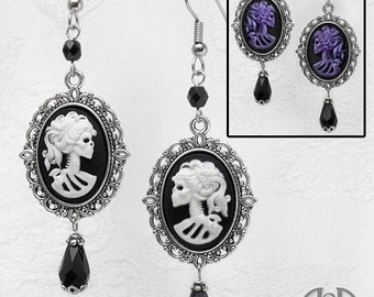 Gothic Lolita LADY SKELETON CAMEO Earrings Skull Dangle Drop Black White Purple