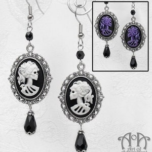 Gothic Lolita LADY SKELETON CAMEO Earrings Skull Dangle Drop Black White Purple
