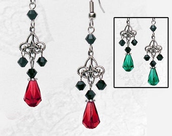 Gothic Black CRYSTAL DANGLE EARRINGS Victorian Teardrop Red Green Antique Silver