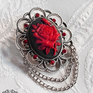 Black Red Purple ROSE CAMEO BROOCH Victorian Gothic Silver Crystal Pin Rhinestone Red