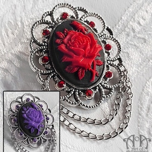 Black Red Purple ROSE CAMEO BROOCH Victorian Gothic Silver Crystal Pin Rhinestone image 1