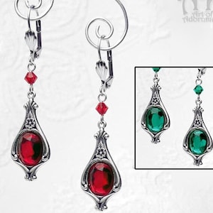BOUCLES D&#39;OREILLES VICTORIENNES CRISTAL Art nouveau gothiques, gouttes pendantes argent antique rouge vert