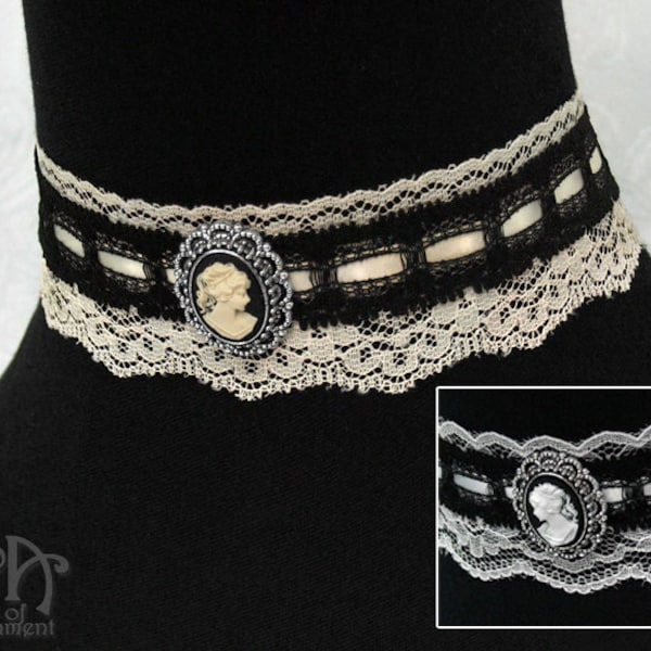 Black Ivory White LACE CAMEO CHOKER Victorian Gothic Steampunk Antique Silver