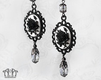 Black White GOTHIC ROSE CAMEO Earrings Clear Crystal Gunmetal Beaded Victorian