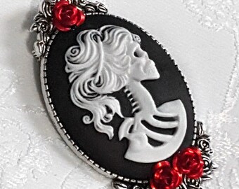 Gothic Lolita LADY SKELETON CAMEO Skull Brooch Pin Red Rose White Black Silver