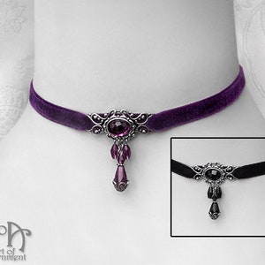 Purple/Black Crystal BEADED VELVET CHOKER Necklace Victorian Gothic Silver Filigree Glass
