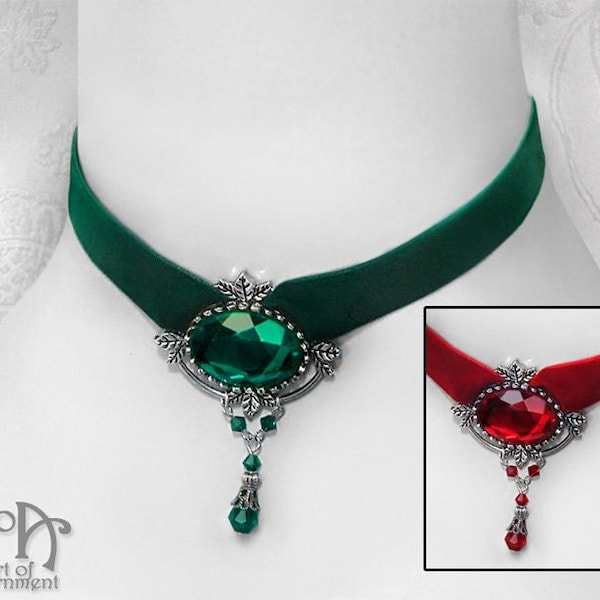 Green/Red Crystal BEADED VELVET CHOKER Necklace Victorian Gothic Glass Silver