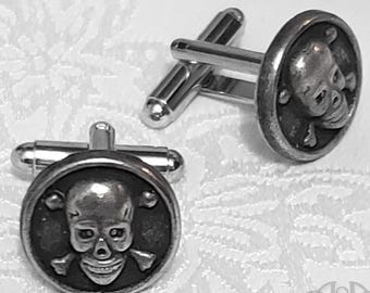 Gothic Pirate SKULL & CROSSBONES CUFFLINKS Mens Crest Cuff Links Silver