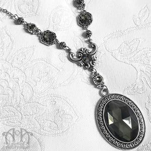 Vintage Crystal RHINESTONE PENDANT NECKLACE Smoky Grey Victorian Gothic Antiqued Silver