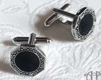 Gothic Black Silver ART DECO CUFFLINKS Octagonal 1920s Gatsby Wedding Cuff Links