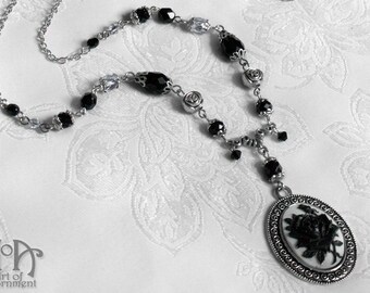 Black White ROSE CAMEO NECKLACE Crystal Beaded Silver Pendant Gothic Victorian