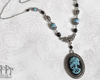 Gothic Lolita LADY SKELETON CAMEO Skull Pendant Necklace Black Blue Silver Glass Beaded