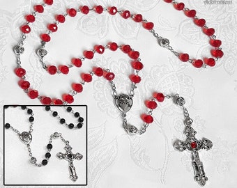 Collar de rosario gótico de cristal rojo negro, crucifijo de plata del Sagrado Corazón, cruz de cristal