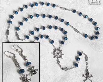 Pirate Skull Crossbones NECKLACE & EARRINGS SET Blue Crystal Long Nautical Rosary Silver
