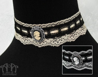 Black Ivory White LACE CAMEO CHOKER Victorian Gothic Steampunk Antique Silver