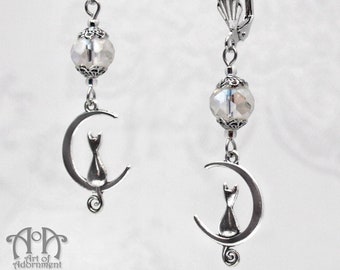 Antique Silver CAT MOON EARRINGS Crystal Beaded Crescent Charms Victorian Filigree