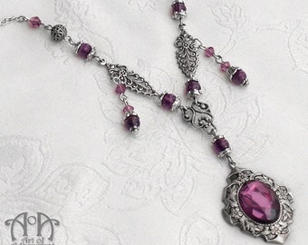 Crystal Pendant AMETHYST BEADED NECKLACE Purple Silver Victorian Gothic Filigree