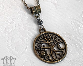 Antique Bronze WORLD TREE NECKLACE Brass Pendant Pagan Cosmic Sun Moon Hematite