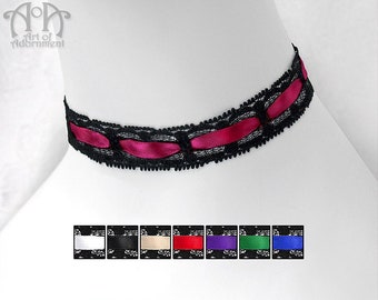 May include: A black lace choker with a fuchsia satin ribbon. The ribbon is woven through the lace and has a slight bow in the back. The choker is available in a variety of colors, including white, black, beige, red, purple, green, and blue.